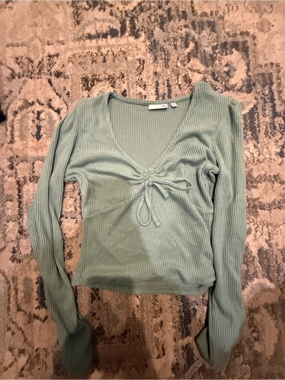 Ribbed Long-Sleeve Tie-Front Top - Sage Green